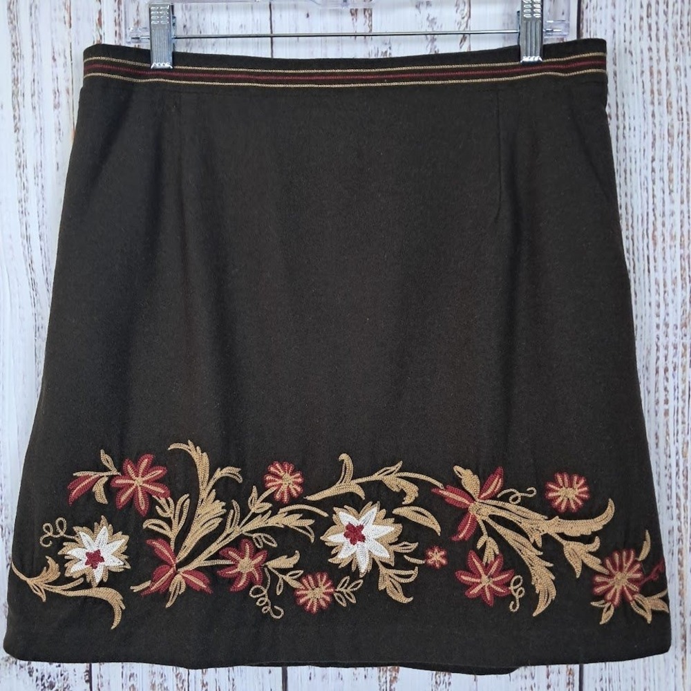 Ann Taylor LOFT 14P Brown Wool Blend Floral‎ Folk Art Embroidered A-Line Skirt